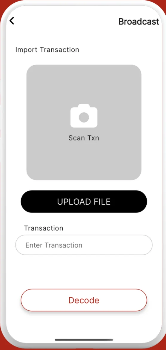 A mobile app screen for importing and broadcasting a Bull Bitcoin transaction.